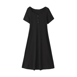 300斤胖莹莹特大码女装弹力黑色a字裙休闲蕾丝圆领简约长款连衣裙