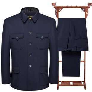 爷爷装老年翻领羊毛呢中山装套装中老年中山装男外套中式男装秋冬