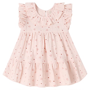 Quincy Mae甜美26春粉色爱心飞袖连衣裙女小众荷叶边层叠短裙女童