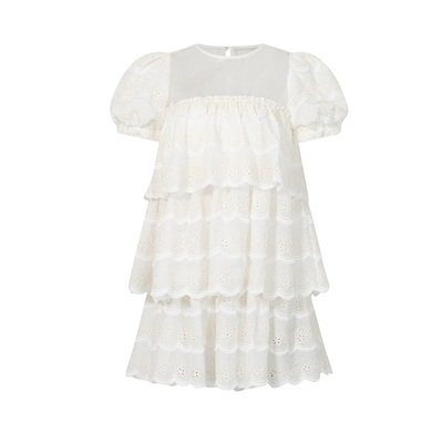 ELLIGIOI刺绣花边泡泡袖连衣裙