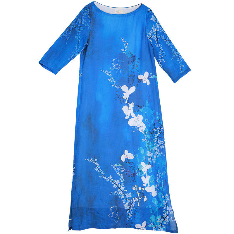 印花苎麻宽松半袖连衣裙女长裙夏