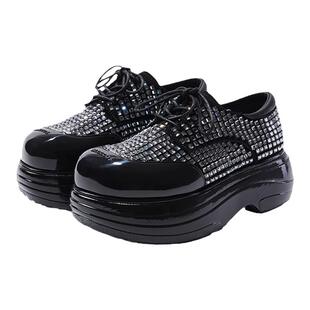 BLOCCO5女鞋春季深口女单鞋时尚镶钻增高英伦风乐福鞋系带泡芙鞋