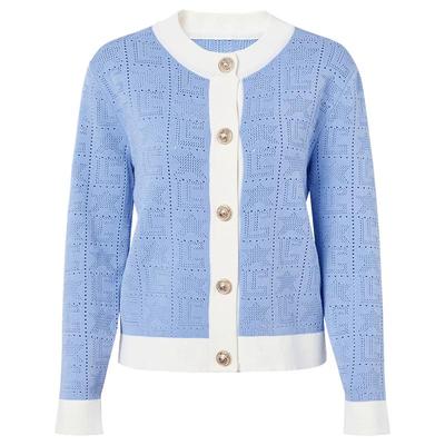 马天奴蓝色圆领提花针织开衫