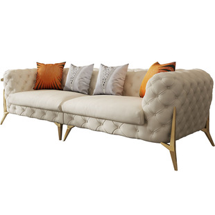 简菲娜奶油风珍妮拉扣真皮沙发奢华美式客厅组合设计师四人位沙发