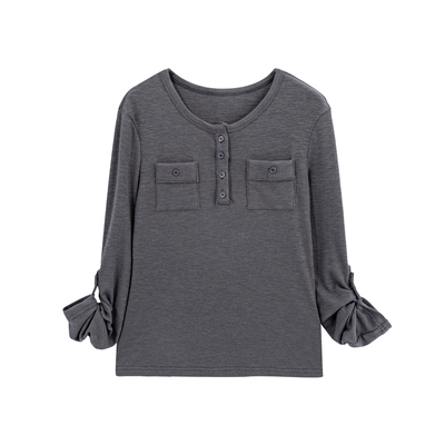 riverstone plus亨利领百搭长袖T恤女贴布口袋修身显瘦纯色打底衫