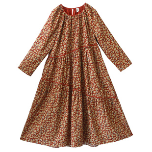 【春尽芳心】复古灯芯绒印花连衣裙女2025秋季长袖圆领撞色减龄裙