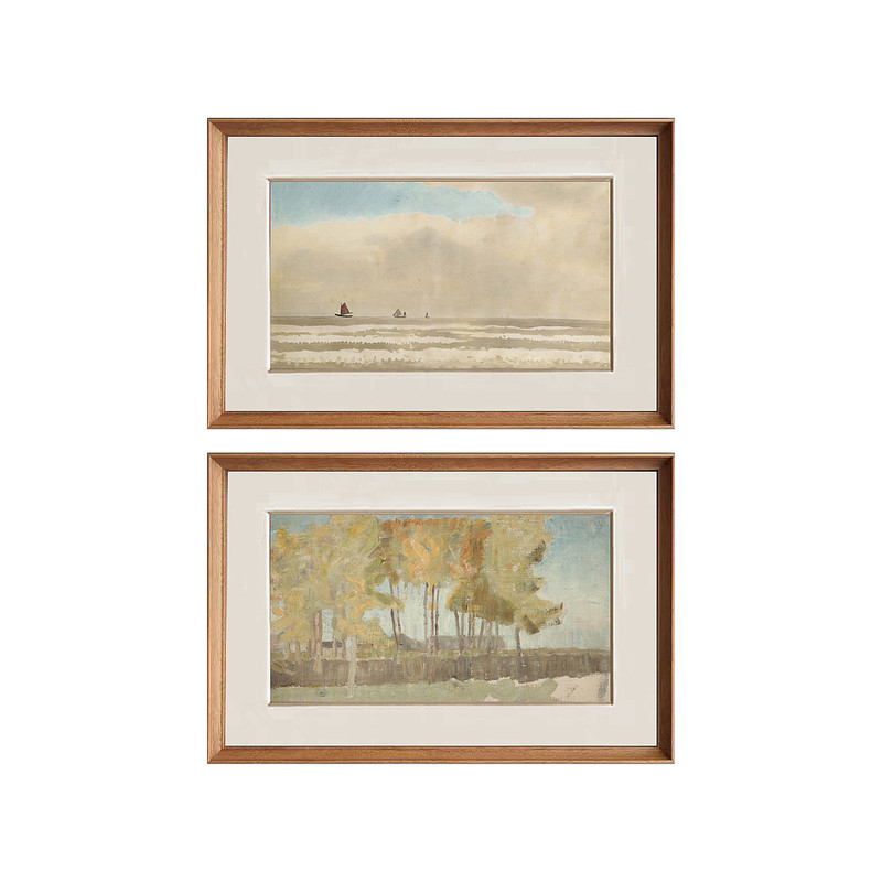 风景大海树帆船卧室床头装饰画法式中古风北欧复古书房客厅挂画