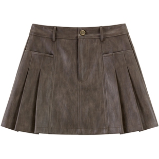 乐町复古pu皮百褶裙女冬季防走光打底裤半身裙学院风短裙