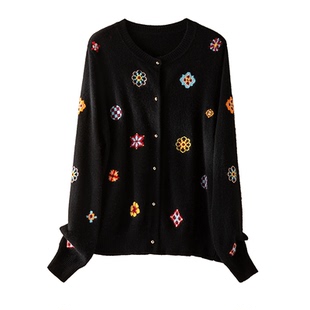 匠心工艺~轻奢100%纯山羊绒针织开衫女刺绣长袖上衣毛衣外套