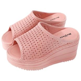 高跟拖鞋女夏厚底坡跟公主风家用浴室凉拖鞋防滑透气居家时尚外穿