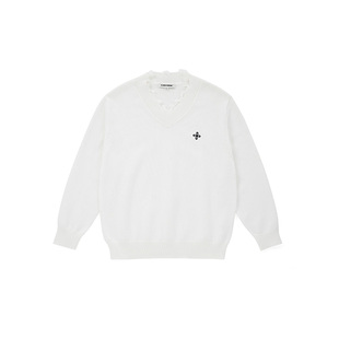 CLIMAX VISION可机洗全棉十字花刺绣V领破坏做旧毛衣针织衫男女款