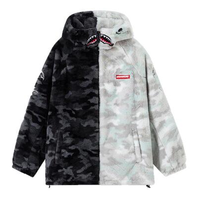 SprayGround2025秋冬鲨鱼嘴毛绒棉服外套男连帽保暖高领拼接棉衣