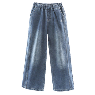 迪士尼女童牛仔裤春装2026新款洋气儿童阔腿裤秋青少年加绒直筒裤