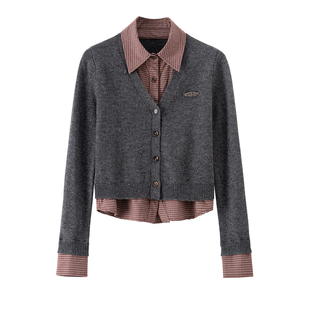 BANANA CICI2025年冬季新款复古学院风假两件格纹衬衫毛针织开衫