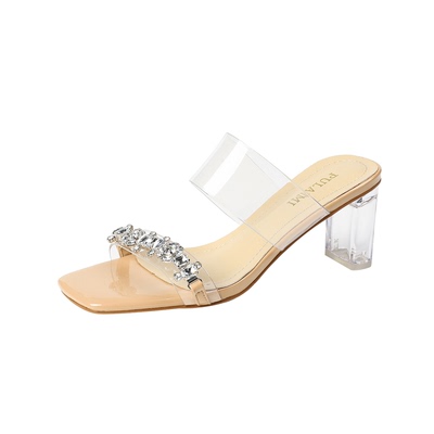 夏季水钻透明方头高跟大码凉拖