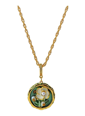 2025新款中古绿色油画风珍珠花朵滴釉项链法式宫廷复古风毛衣链女