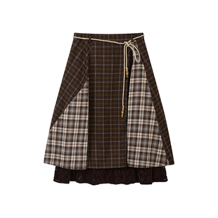 物理少年「旧梦画框」复古格纹蕾丝拼接立体层次感百搭中长半身裙