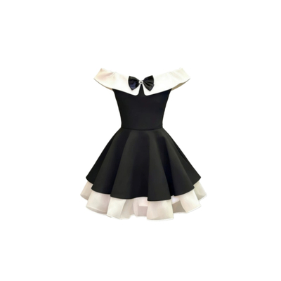 黑白撞色一字肩蝴蝶结蓬蓬裙