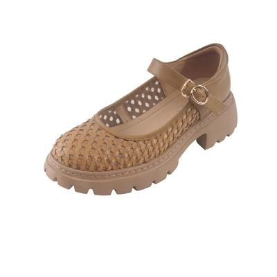 酷斯沃真皮编织镂空女鞋粗跟舒适