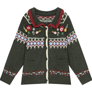 妖精的口袋立体花朵刺绣厚毛衣外套女2026年冬季新款费尔岛毛衫