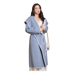 竹依依蓝色贝壳绣双面羊绒大衣女中长款连帽双面呢羊毛大衣外套