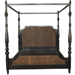 东南亚风格实木四柱架子帷幔床古今原木BD238榆木藤席泰式架子床