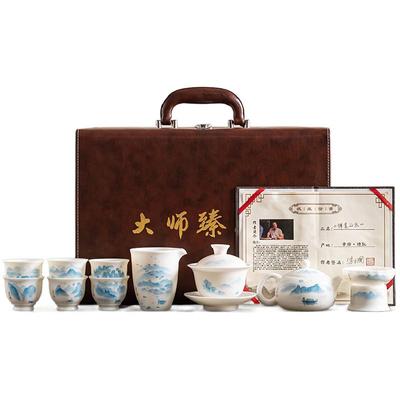 金镶玉梁立国老师全纯手绘功夫茶具套装高档羊脂玉白瓷整套送礼