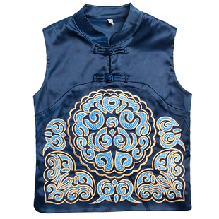 2025秋冬新款女装民族风复古绣花唐装短款背心上衣绸缎无袖马甲女