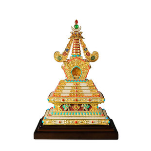 闯隆藏式佛塔 铜鎏金彩绘菩提塔 家用客厅桌面尊胜塔供佛宝塔摆件