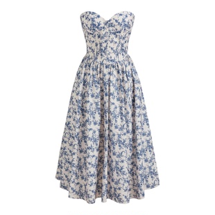 CIDER夏季新品女装碎花荷叶边抹胸中长连衣裙114389115