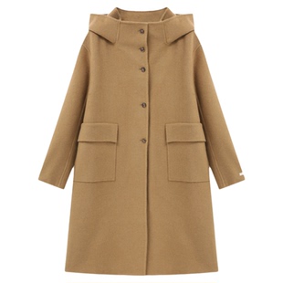 百家好驼色小个子连帽大衣女款冬季新款双面呢子长款气质毛呢外套