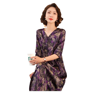 杭州大牌真丝连衣裙女夏季2024年新款高端气质妈妈桑蚕丝裙子显瘦