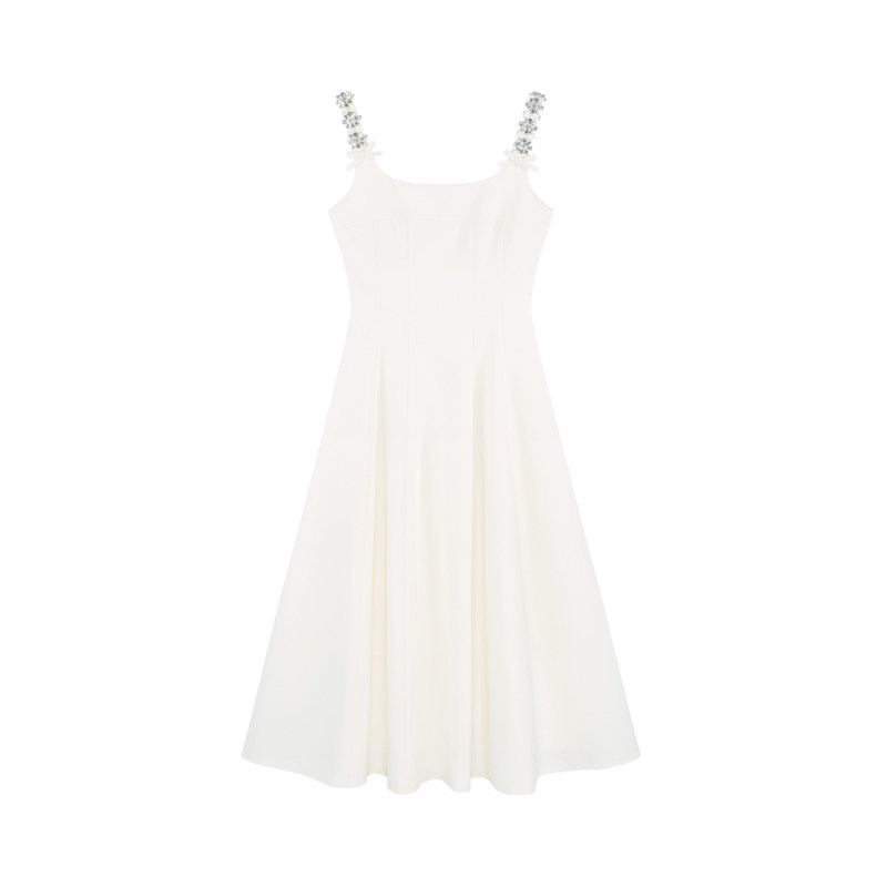 Palglg法式气质名媛白色背带连衣裙女夏季小香风重工垂感收腰长裙
