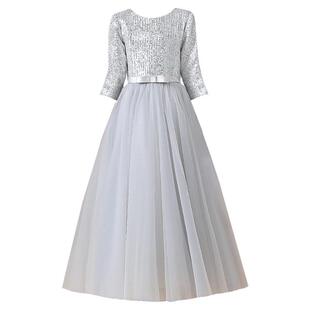 女童高端礼服儿童钢琴演出服中大童银灰色生日公主裙学生节目主持