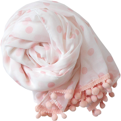 告白气球 甜美毛球花边围巾女 清新粉波点百搭春季丝巾 夏季披肩