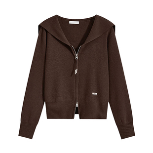 专柜海军领针织开衫女士秋冬双拉链薄款毛衣外套短款休闲百搭上衣