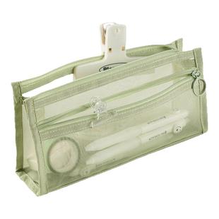 得力三角网纱笔袋大容量高颜值INS风简约透明双层学生考试拉链文具袋初中女生便携铅笔袋2025新款收纳袋男孩