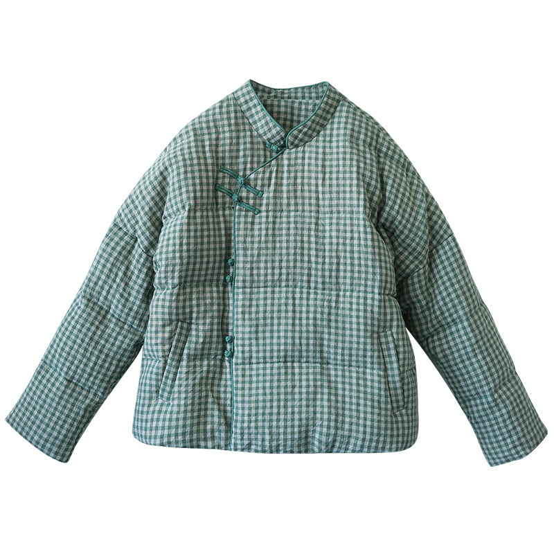 忆旧色织亚麻格纹羽绒服女冬短款