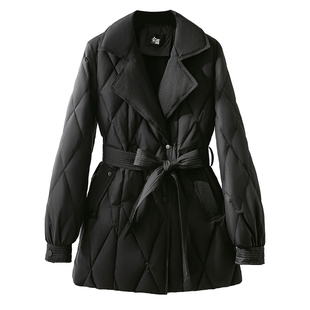 2025年新款女装冬季修身收腰中长款羽绒服女黑色西装领外套菱形格