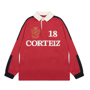 corteiz美潮高街运动休闲刺绣徽章撞色宽松球衣纯棉翻领长袖T恤男