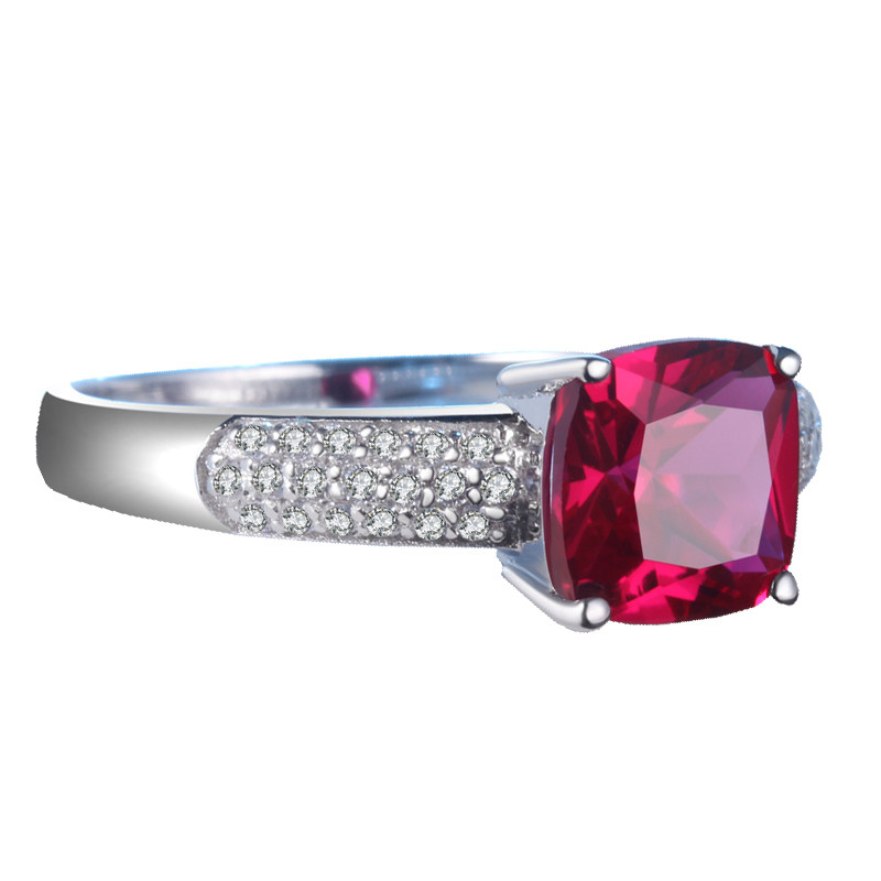 清仓 925纯银方形戒指环18K白金 红刚玉红宝石镶嵌 女 戒面首饰品