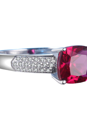 清仓 925纯银方形戒指环18K白金 红刚玉红宝石镶嵌 女 戒面首饰品