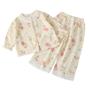 男女童双层棉纱花边家居套装女小童洋气九分袖睡衣睡裤宝宝空调服