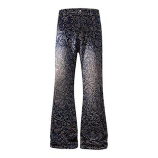 欧美街头满印提花牛仔裤男春秋美式vibe设计感裤子高街直筒微喇裤