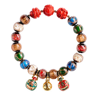 庆祥泰正品香灰琉璃手串男款本命年招财吞金兽女士朱砂三合手链