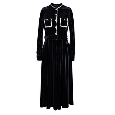 罗衣法式拼接大摆丝绒连衣裙