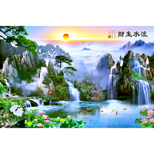 中式流水生财山水画背景墙纸高山仙鹤游鱼壁纸佛仙堂办公室壁画