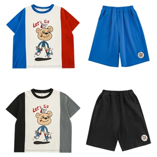 幼悠 男童2026新款拼色小熊短袖圆领t恤夏季宽松直筒清凉短裤套装