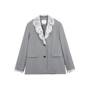 BLUEerror 宽松蕾丝拼接灰色条纹西装外套女休闲垫肩气质上衣春季
