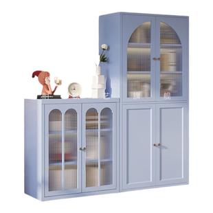 高矮组合书柜长虹玻璃现代简约法式奶油风书架带门客厅展示储物柜